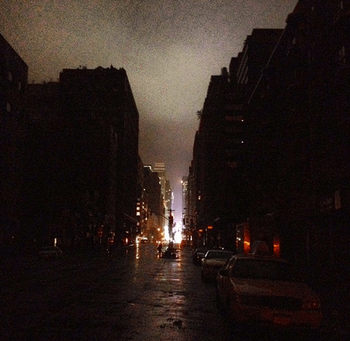 Lower Manhattan is going dark, but Times Square still has power. Hurricane Sandy