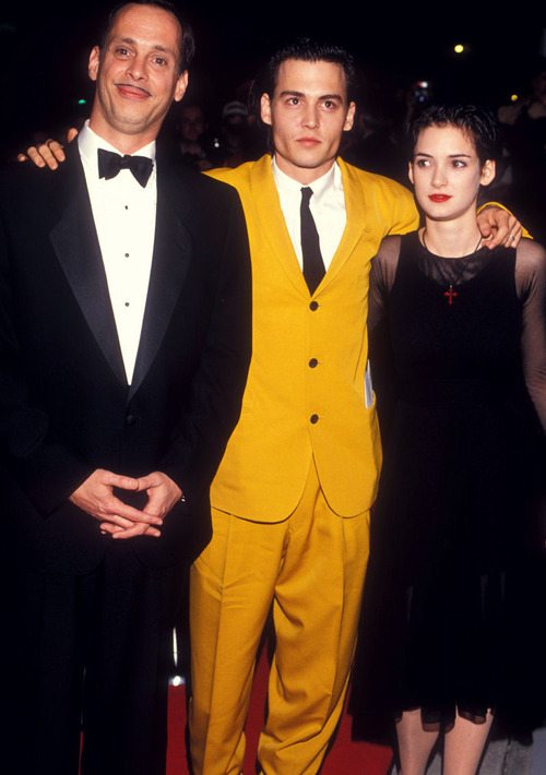 John Waters, Johnny Depp and Winona Ryder at the Cry Baby premiere, 1990